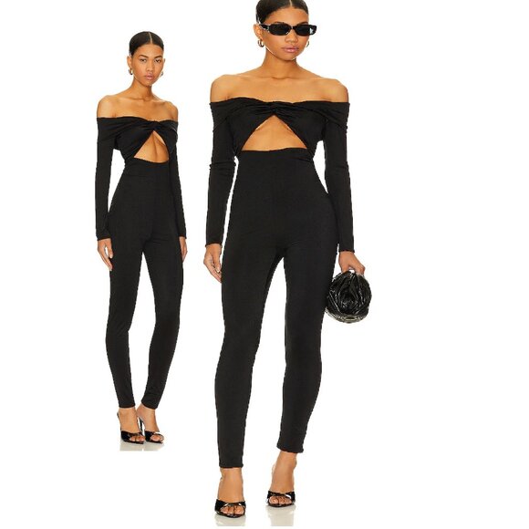 NWT NBD JOURNI OFF THE SHOULDER BLACK JUMPSUIT W/KNOTTED FRONT AND CUTOUT SZ XL - Picture 1 of 6